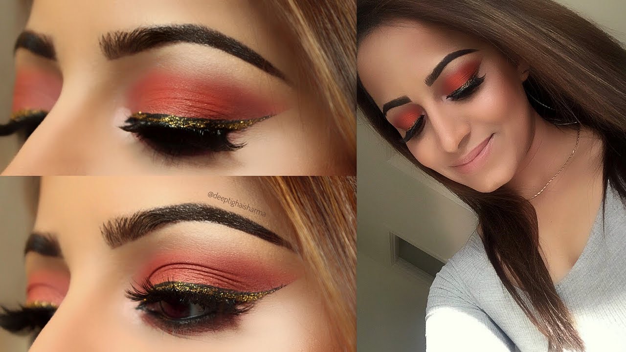 Red Eye Makeup Tutorial With Gold Glitter Eyeliner Deepti Ghai