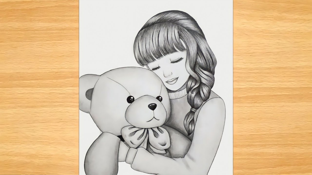 Cute girl with her teddy bear - How to draw a girl with teddy bear