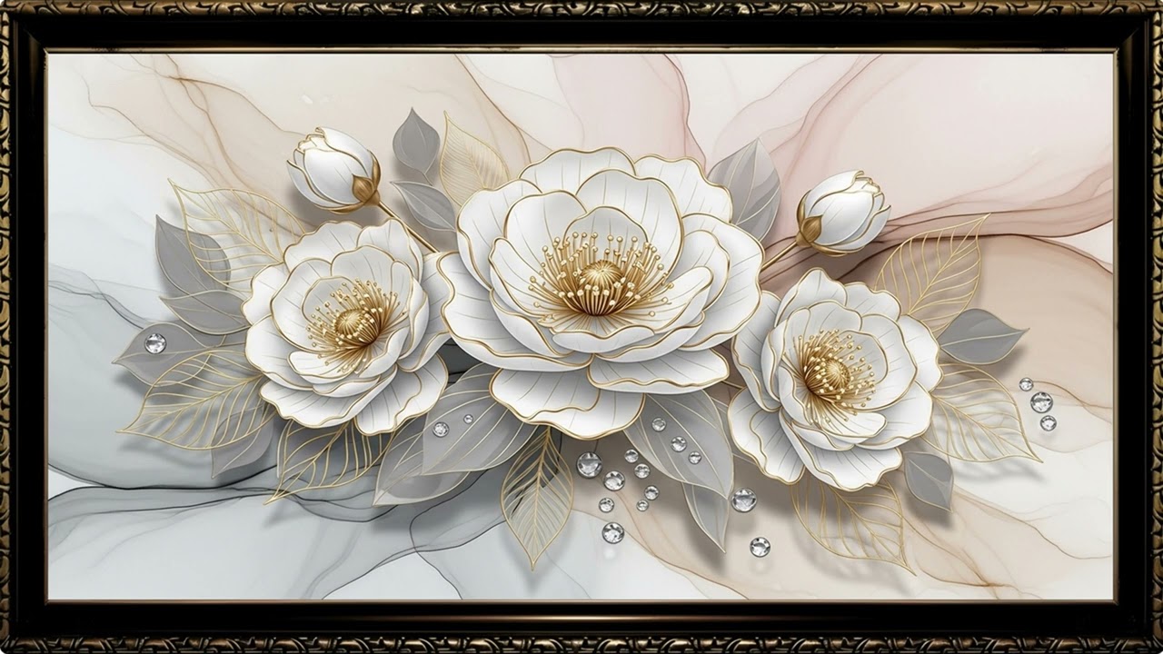 Gold-Highlight White Flower Artwork 4K | Sophisticated Interior Style Visual