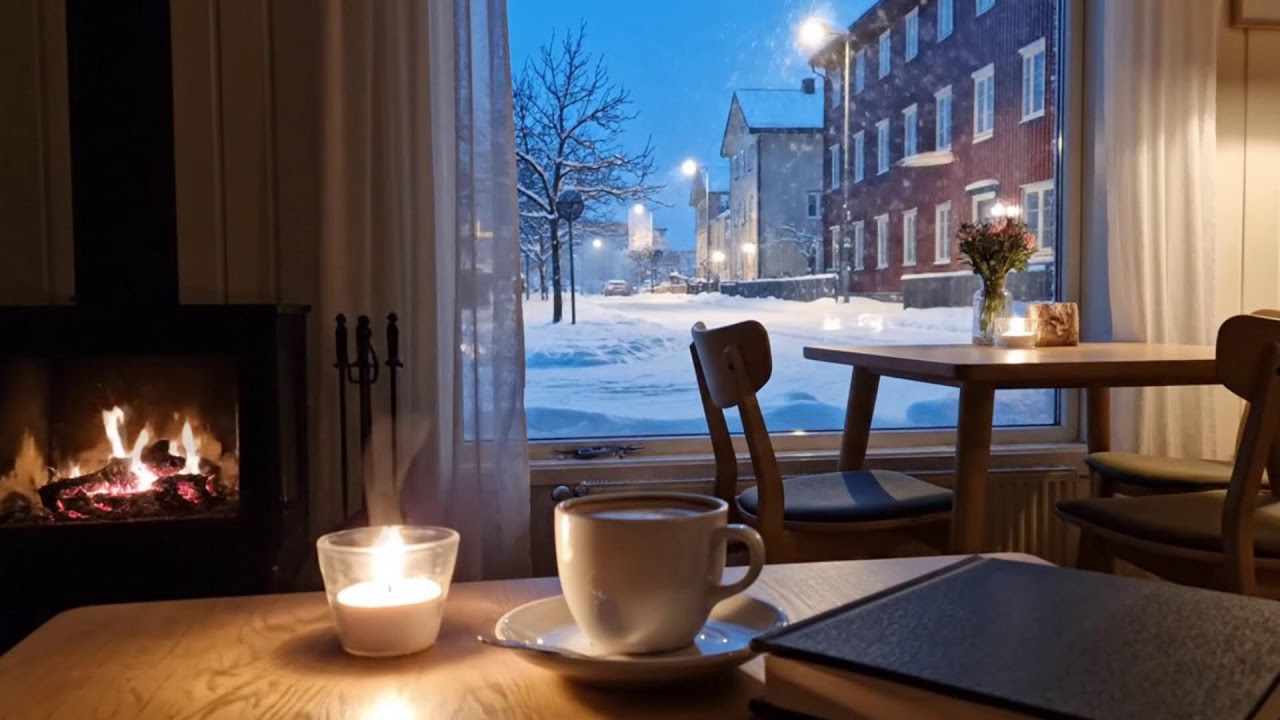 Cozy Winter Jazz Piano at Night ❄️ Coffee Shop Ambience with Crackling Fireplace