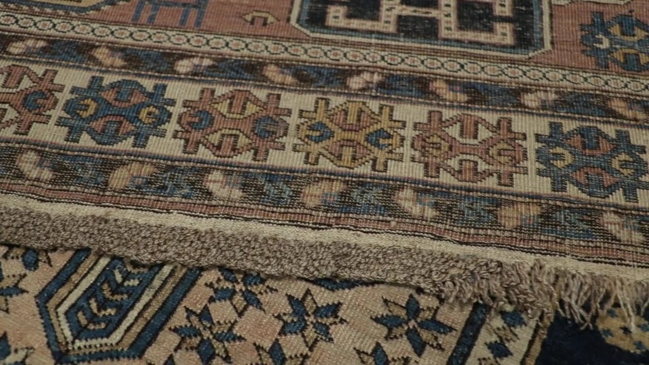 Antique Kuba Rug in Blue and Beige with Geometric Medallion - Rug & Kilim - 10659