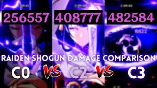 Famous C0 VS C2 VS C3 R1 Raiden Shogun's Solo and Full Team Burst Damage Comparison | Genshin Impact Wealth