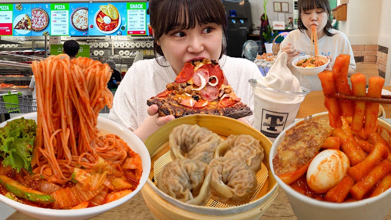 Острый пибим куксу с кальби манду и простой едой в большом магазине Мукбанг