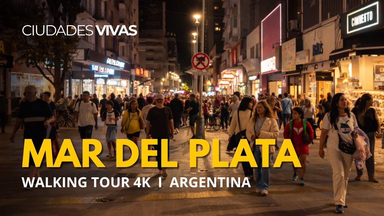 Mar del Plata 2026 – Walking Tour Nocturno 4K | Peatonal San Martín + Escollera con Luna Llena
