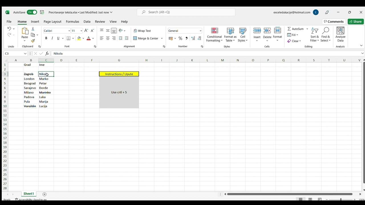 Precrtavanje teksta Excel - Strikethrough Cell in Excel - YouTube