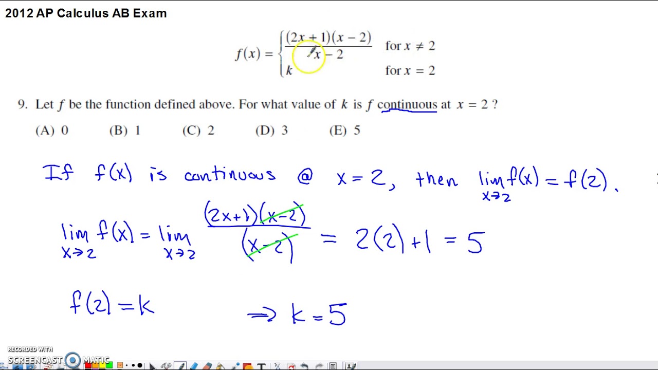 2012 AP Calculus AB Multiple Choice 9 Make The Piecewise Function Continuous YouTube