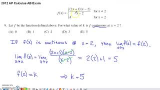 2012 AP Calculus AB Multiple Choice #9 - Make the Piecewise Function Continuous