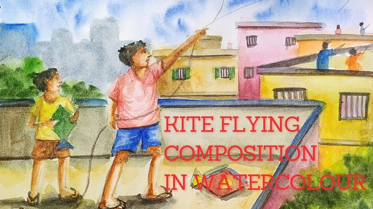 painting of kite flying drawing in watercolor easy/kite flying composition in Watercolour