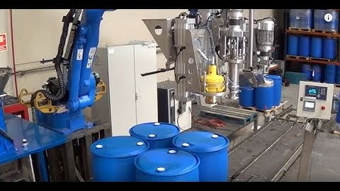 Robot automatic weight filling of liquids in drums, barrels, IBC, etc.
