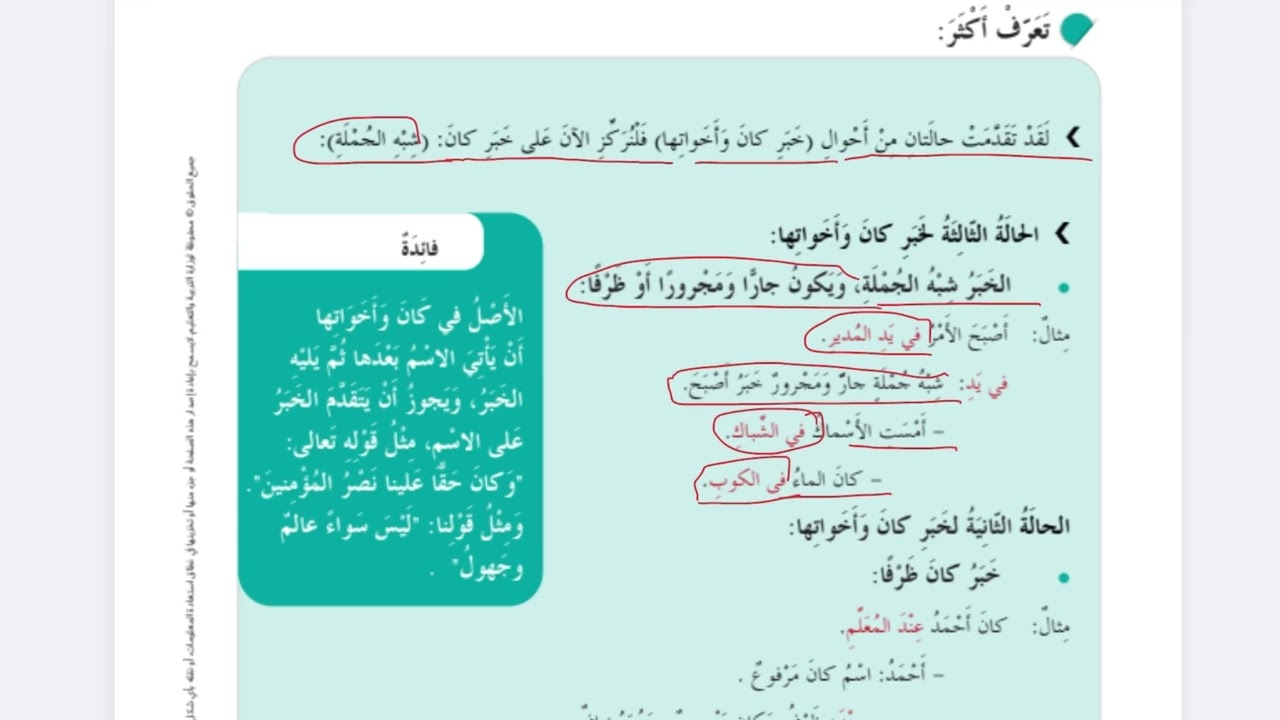 الصف الخامس درس ( احوال خبر جملة كان واخواتها) مادة اللغة العربية المنهاج الإماراتي الفصل الثاني