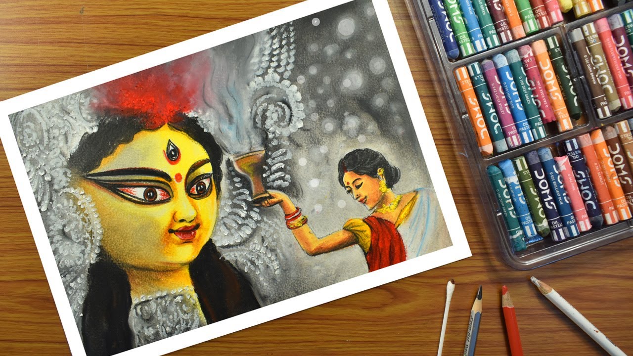 Durga drawing / Oil pastel Maa durga / durga puja special drawing /আগমনী  ড্রয়িং - YouTube