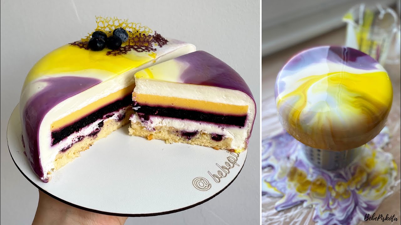 Áfonyás-citromos TÚRÓMOUSSE TORTA🫐🍋- Tükörglazúr ✨✨ - mirror glaze - BebePiskóta