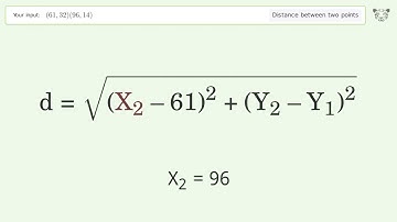 Find the distance between two points p1 (61,32) and p2 (96,14): Step-by-Step Video Solution