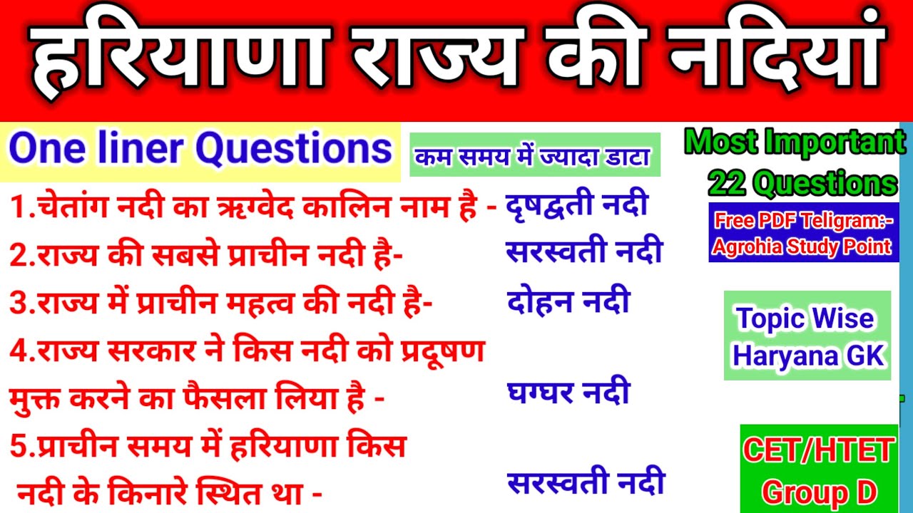 हरियाणा राज्य की नदियां।GK Haryana River।One Liner GK Questions_#oneliner_#onepiece_#cet_#gk_#htet