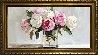 Classic White and Pink Roses in Glass, Oil Painting in 4K | Gold Framed Art Screensaver for TV screenshot 5