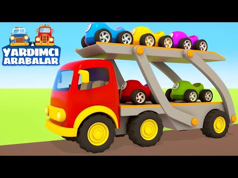 Yardımcı arabalar küçük yarış arabaları piste götürüyor! Bebekler için eğitici çizgi film