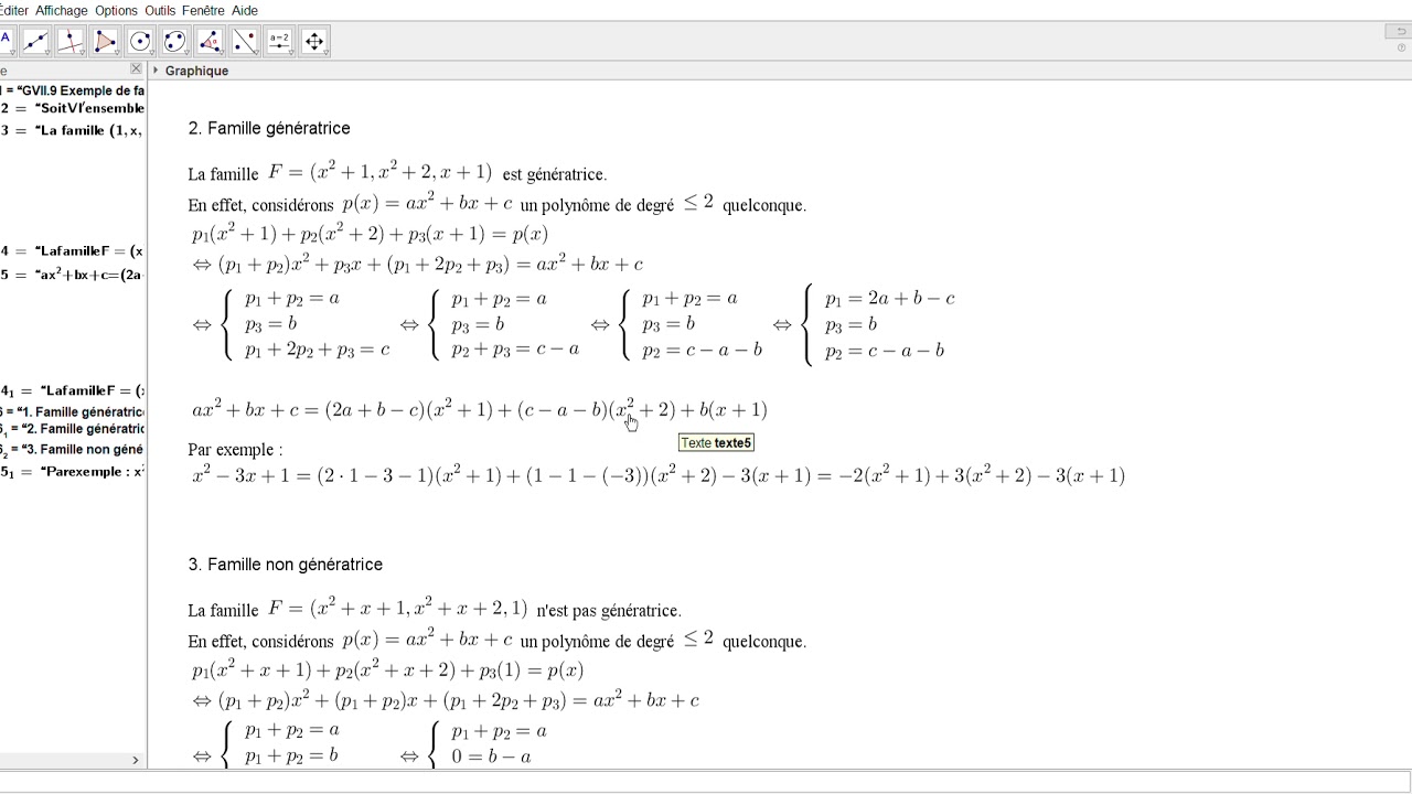 GV II9 Géométrie vectorielle : Familles génératrice et non génératrice de polynômes