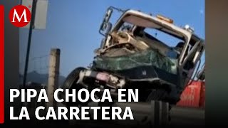 Pipa de combustible choca contra barrera de contención en la autopista Guadalajara-Colima