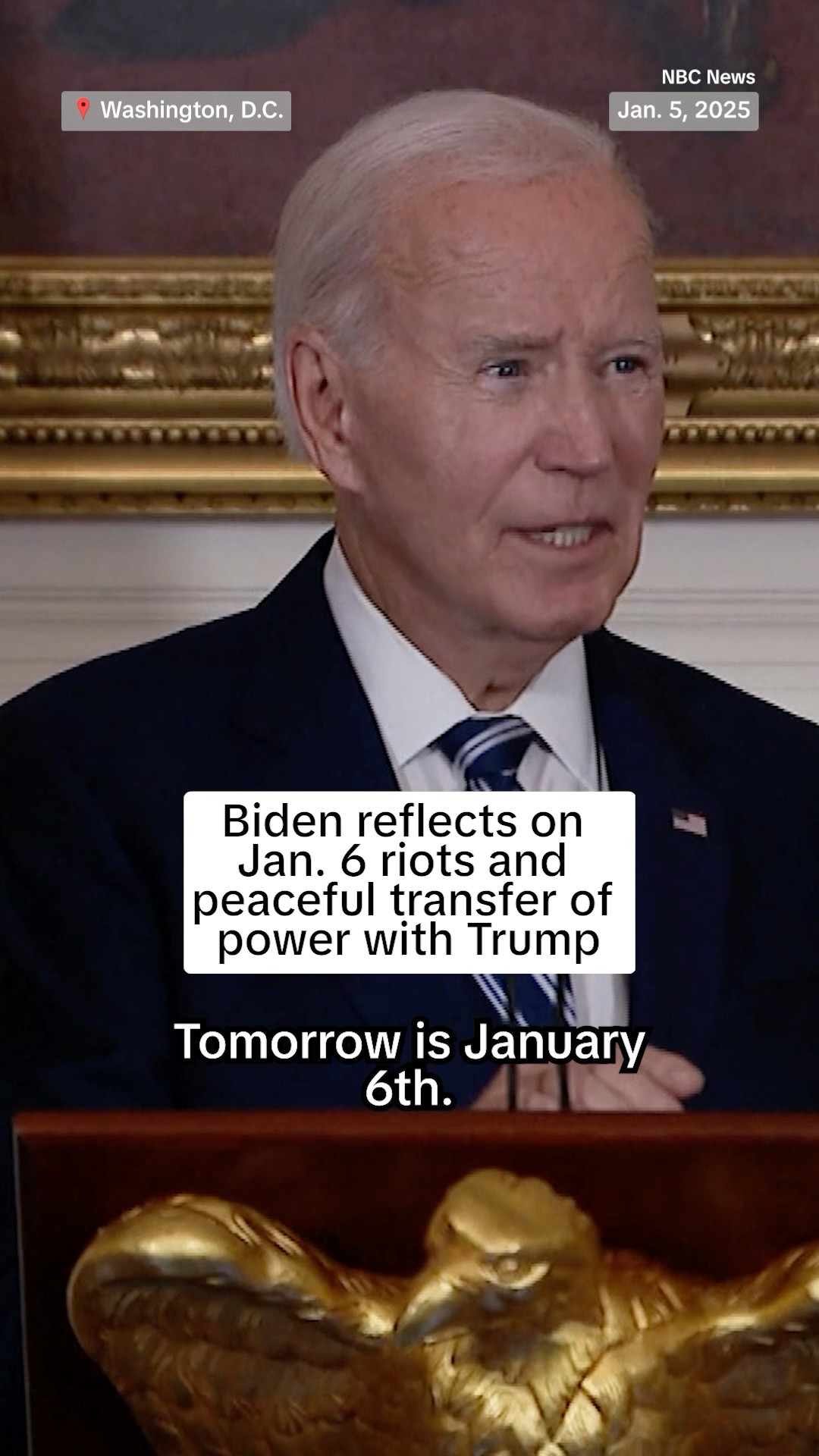 President Biden reflects on Jan. 6 riots and the peaceful transfer of power with Trump.