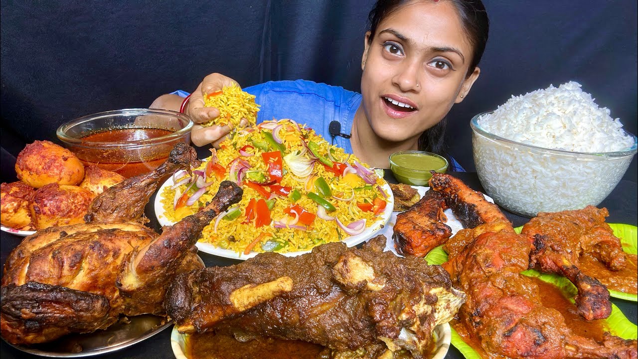 Eating Spicy Mutton Tangdi Curry Chicken Tangdi Curry Whole Chicken Eggs Fish Tandoori Fried Rice