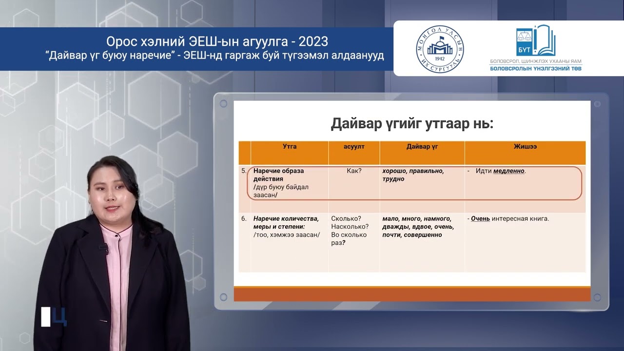 Орос хэлний “Дайвар үг буюу наречие”  /Сурагчдын ЭЕШ-нд гаргаж буй түгээмэл алдаанууд/
