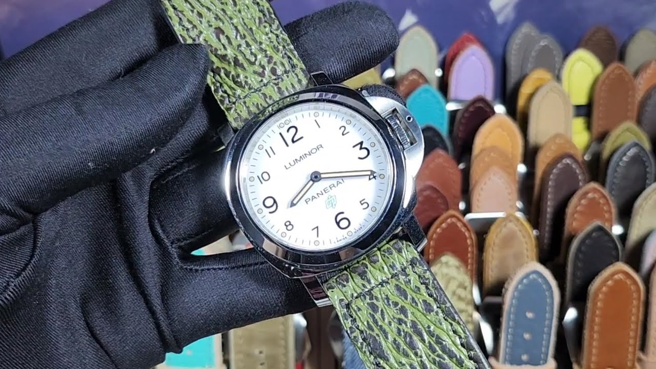 Panerai Luminor Base PAM00775 White Dial P.6000 with Green Shark Skin Strap and Aged Buckle