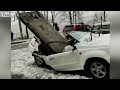 Concrete slab falls onto car