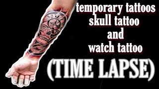 Temporary tattoo (sleeve tattoo)skull tattoo and watch ||Time lapse||