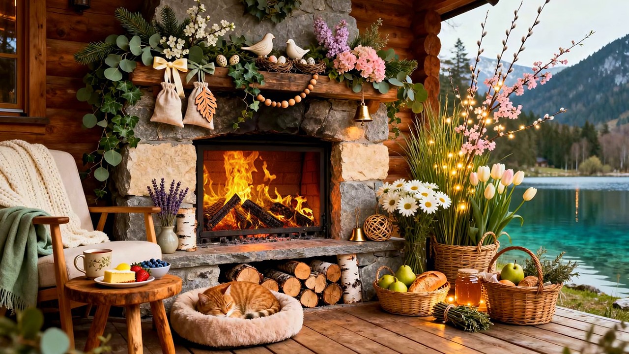 Cozy Spring Fireplace by the Lake 🔥🌸 Relaxing Nature Sounds for Deep Sleep & Calm Focus