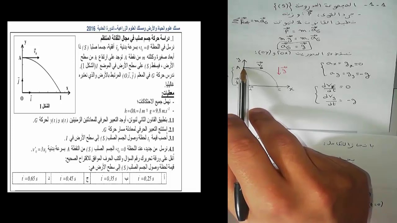 تصحيح تمرين من الامتحان الوطني للدورة العادية 2016 خاص بحركة قذيفة في مجال الثقالة المنتظم
