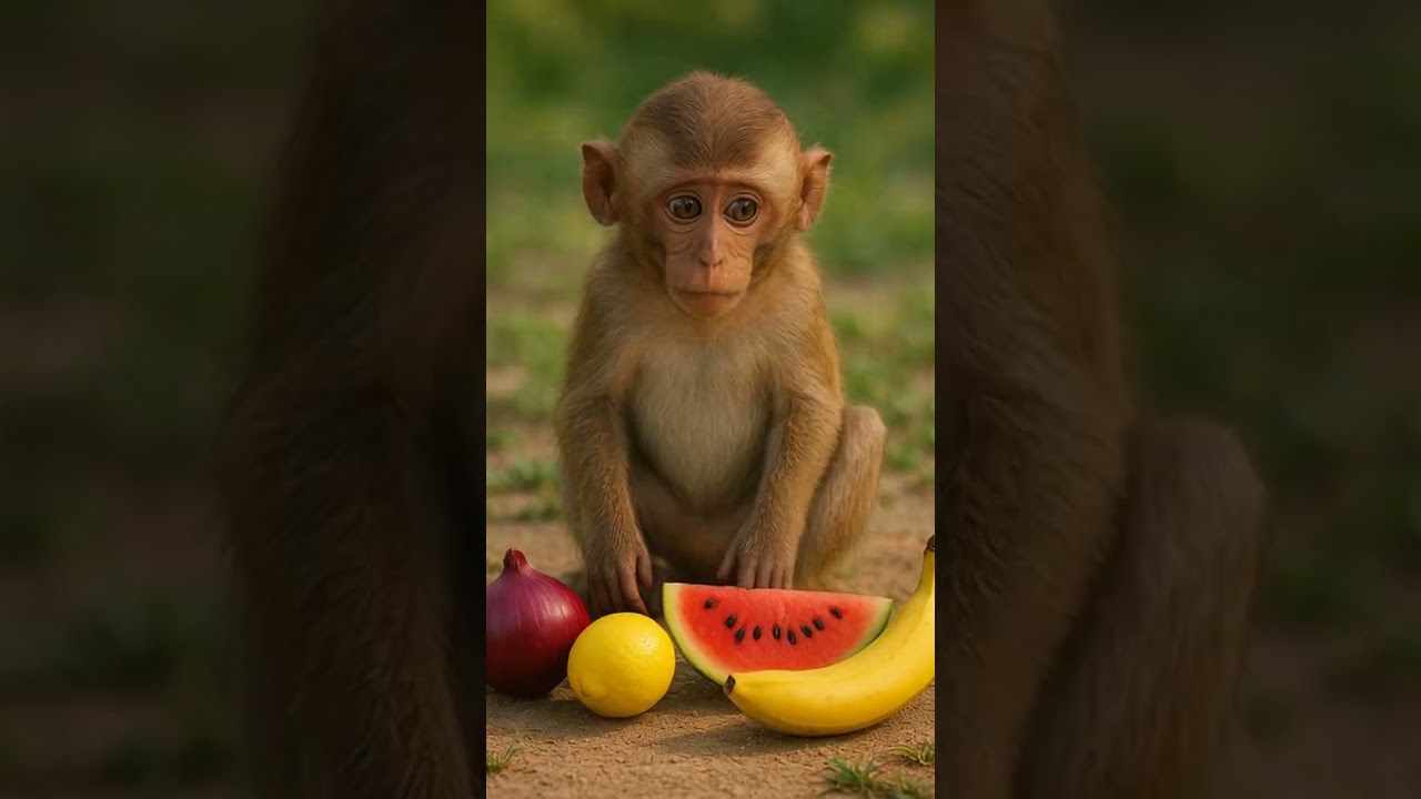 Monkey can’t decide what to eat. An unexpected choice 🍌🍉🍋🧅 