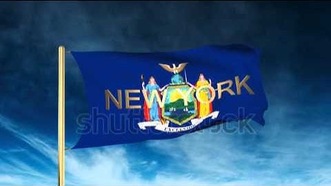 new york flag slider style with title. Waving in the wind with cloud background animation Stock