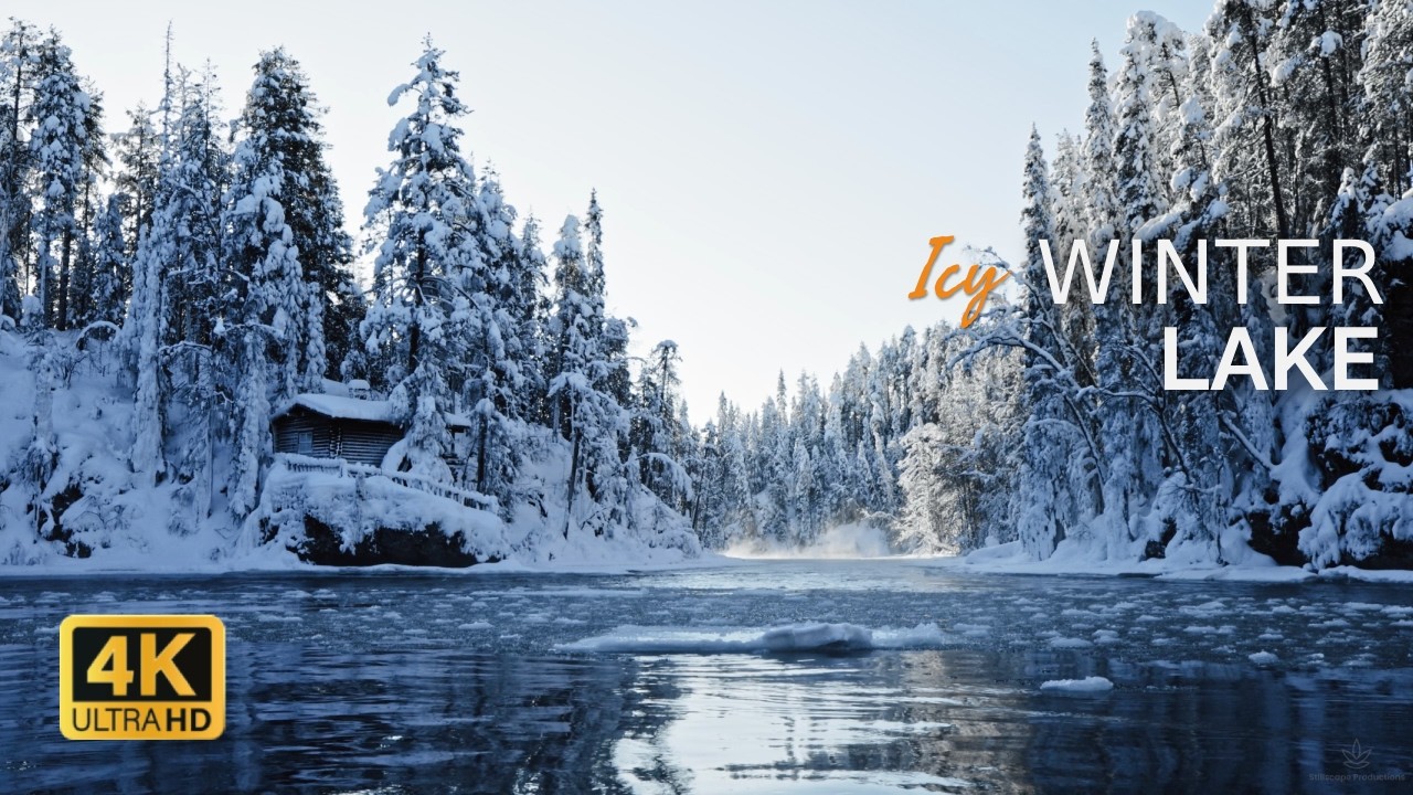 Ледяное зимнее озеро 4K | Спокойный плавающий лед, утренний пар и успокаивающие звуки воды – 3ч