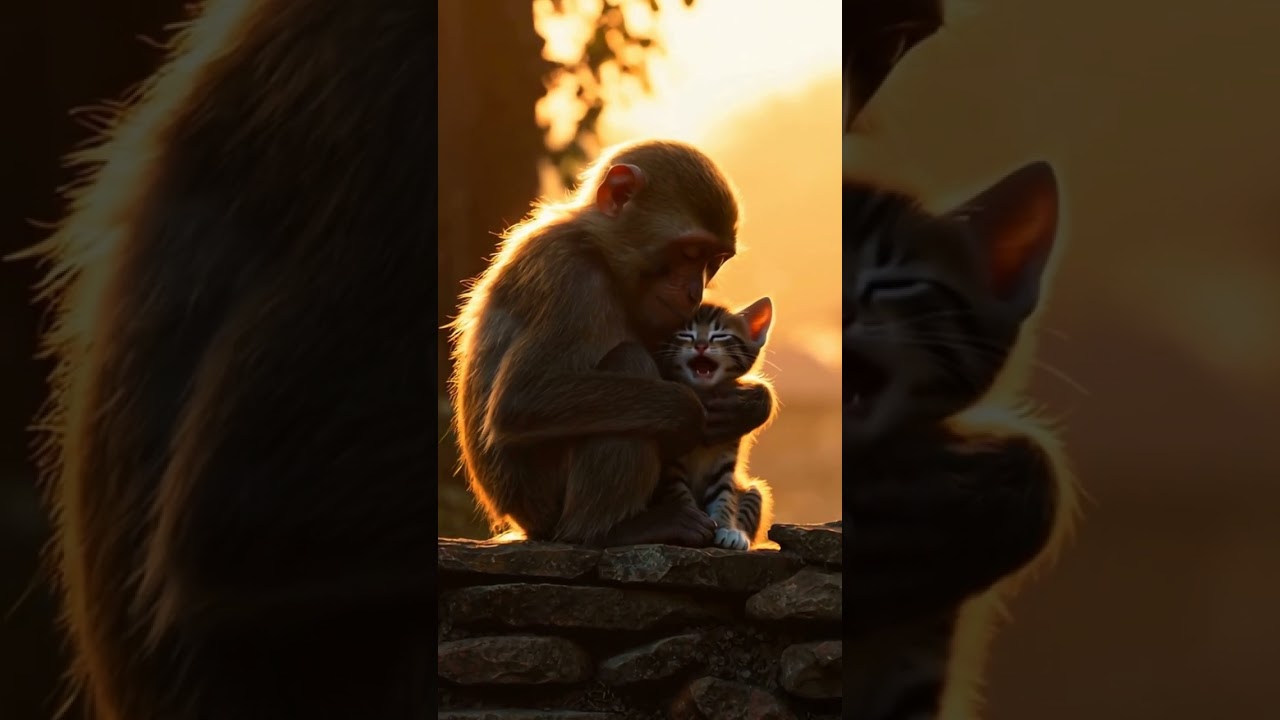 Giant Baby Monkey Hugs Small Kitten in Quiet Village