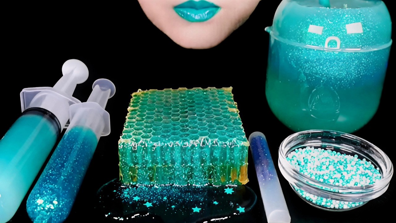 AI Fails | ASMR Teal Galaxy Food Mukbang | Honeycomb, Pipette Drink, Jelly Syringe 🔵✨ No Talking