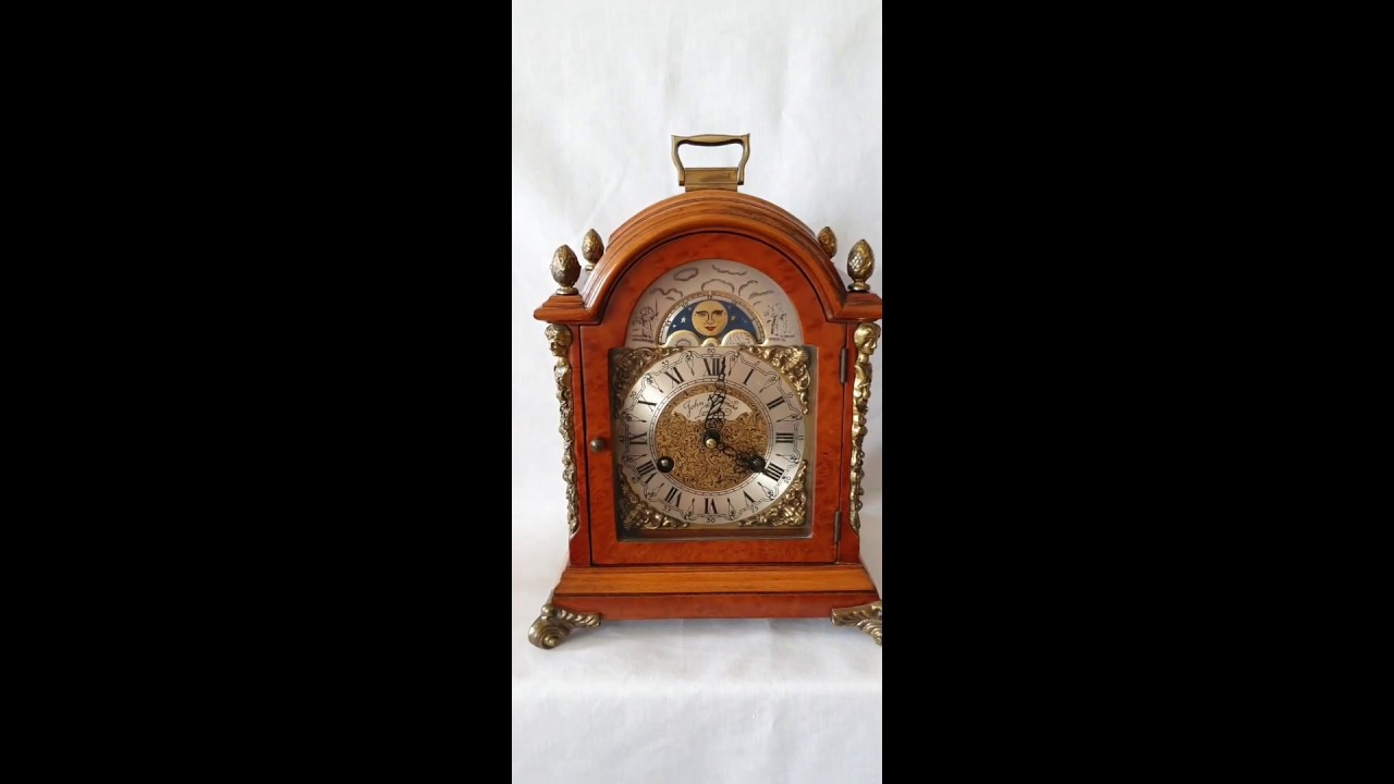 Stunning Hermle Mantel Clock 1972 Burl Wood Double Bell With Moon Dial