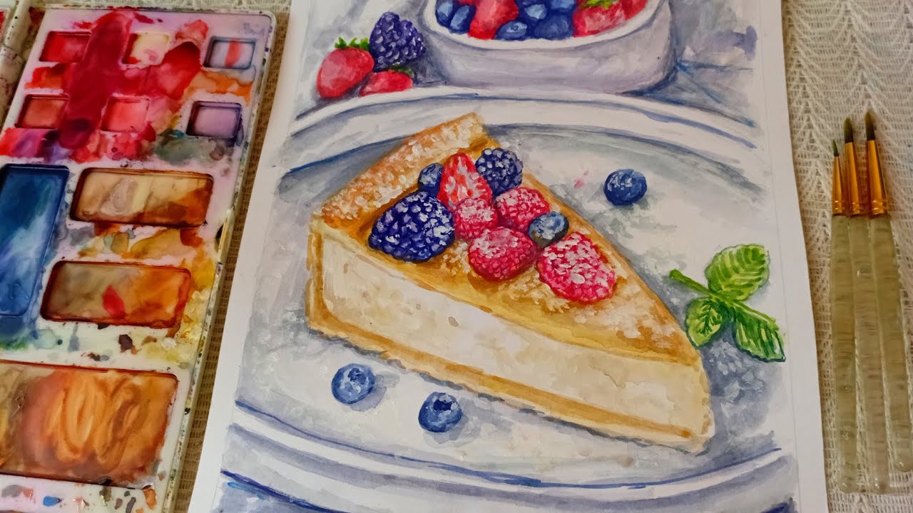 Relaxing Watercolor painting | Food illustration | Paint with me - [Keto Cheesecake] 🍰🍓