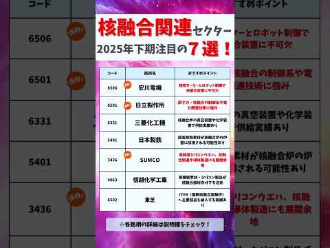 【今がアツい】2025年後半の本命は核融合株だ！注目7銘柄を一気見！#お金#お金の勉強#投資#資産運用#株式投資#高配当#高配当株#日本株#年収#shorts