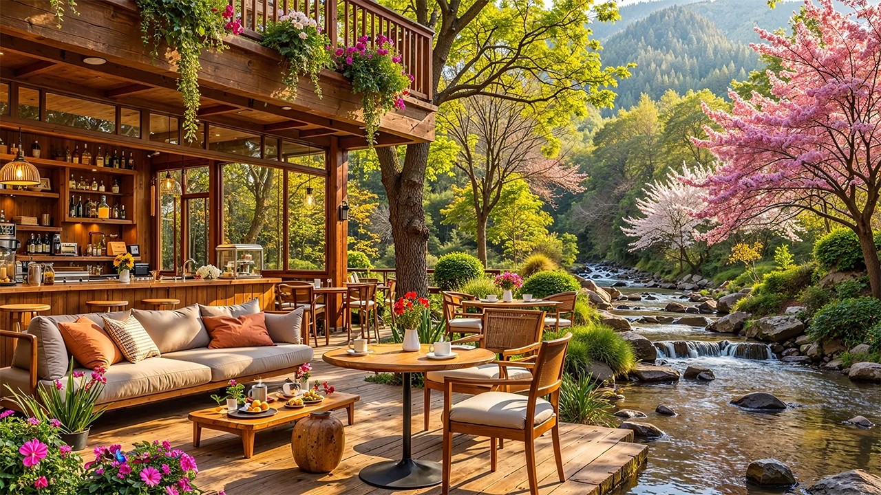 Spring Morning Jazz at Outdoor Coffee Shop Ambience with the Fresh Air of March