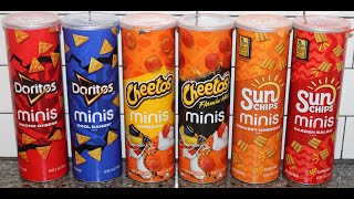 Minis: Nacho Cheese/Cool Ranch Doritos, Cheddar/Flamin’ Hot Cheetos, Cheddar/Garden Salsa Sun Chips
