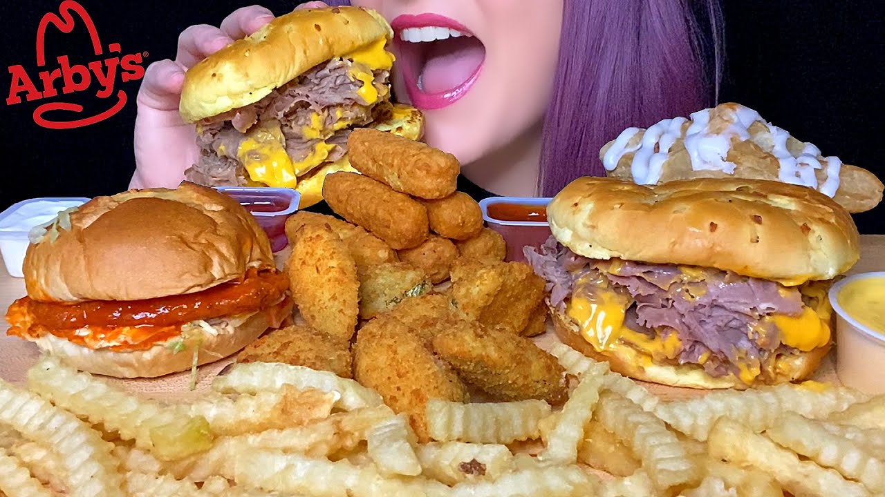 ASMR ARBY’S MUKBANG (NO TALKING) HALF POUND BEEF N CHEDDAR + BUFFALO CRISPY CHICKEN