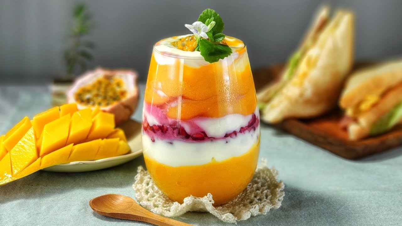 Layered Tropical Fruits Smoothie (Mango, Passion Fruit, Pomegranate ...