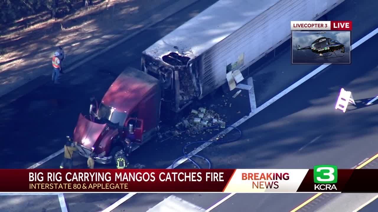 Big rig carrying mangos catches fire on I-80 - YouTube