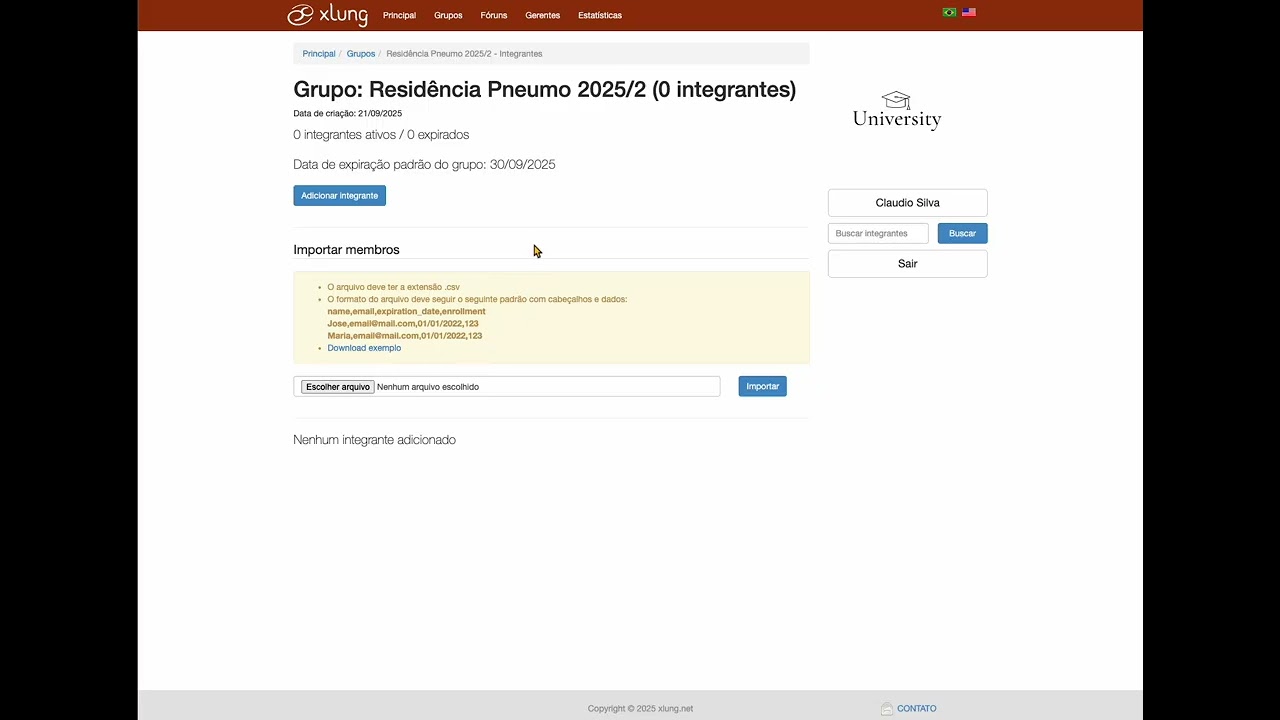 Xlung Institucional - Gerenciamento de Grupos e Integrantes