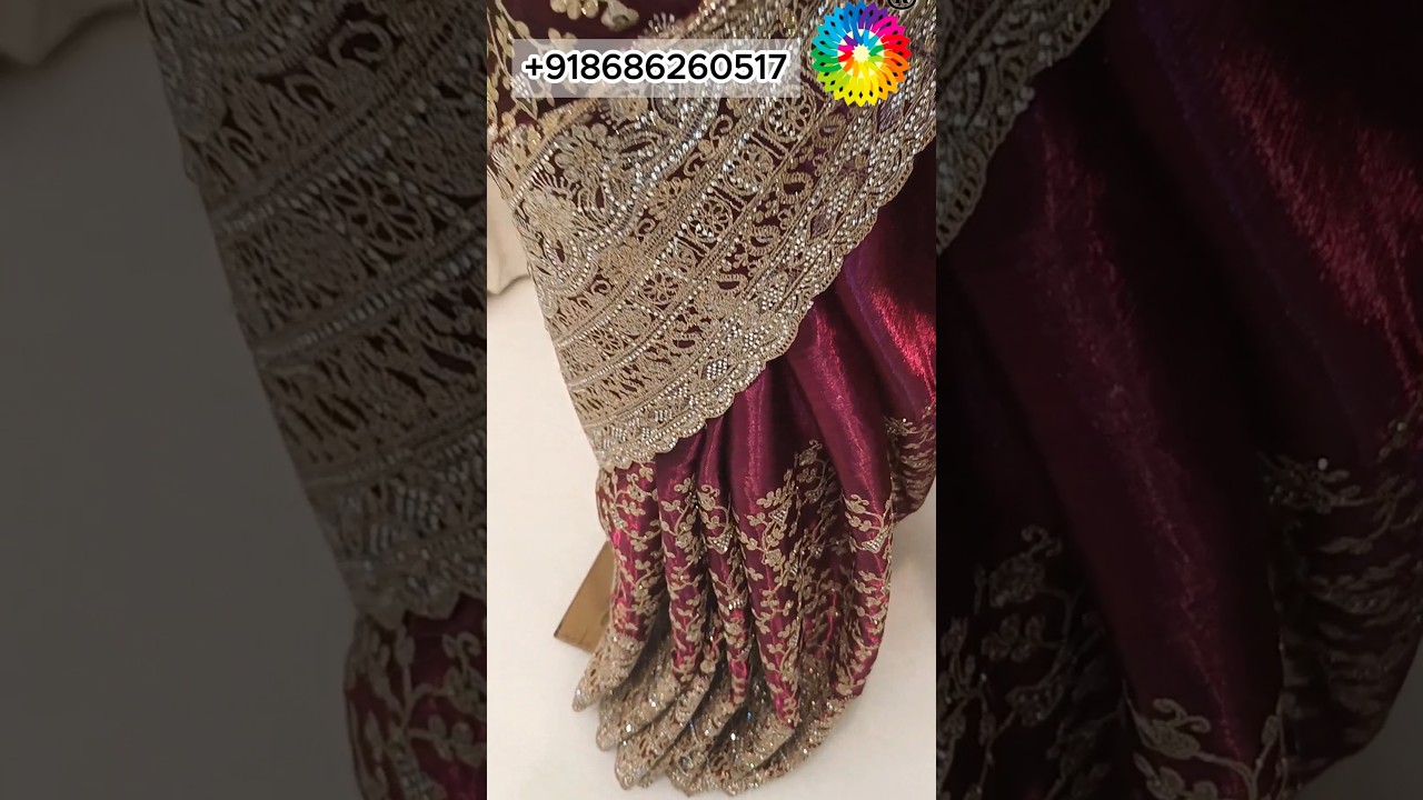 glass organza fabric designer saree in stone work & zari work 