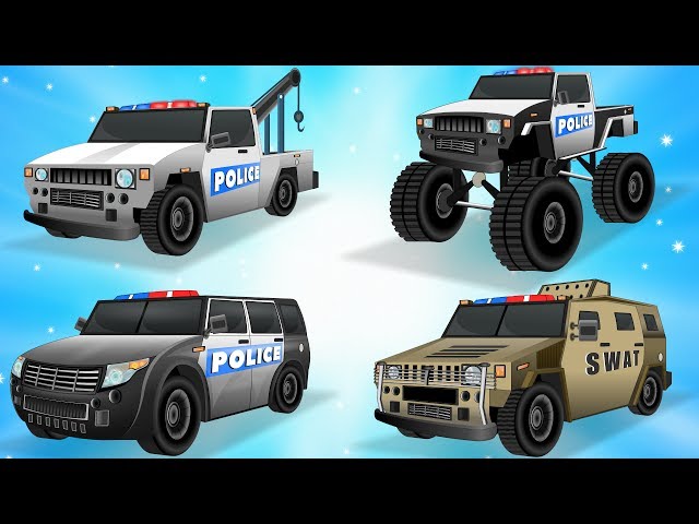 Learn Police Vehicles Names w Cars Garage - Police Car & Trucks - Cars Transformation - Kids Videos class=