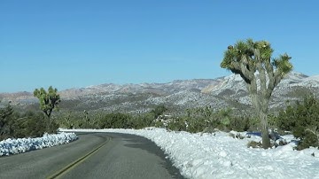 Driving on Keys View Road through snow-covered Joshua Tree National Park - California