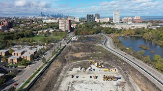 Drone Pullback Over Barack Obama Presidential Center Construction Site - Jackson Park Chicago