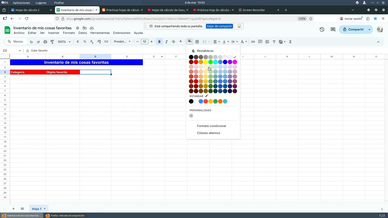 Práctica hoja de cálculo: Inventario de mis cosas favoritas