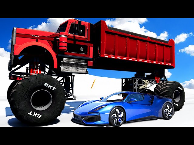 Driving Supercars Under a MONSTER TRUCK on a MOUNTAIN in BeamNG Drive Mods! class=